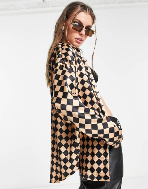 Heartbreak - Oversized overhemd van satijn met ruitprint, deel van co-ord set, 4 van 4