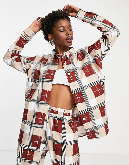 Heartbreak oversized shirt co-ord in brown check