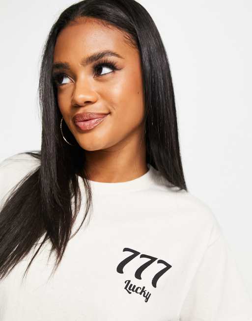 Heartbreak - Oversized T-shirt met 'Lucky Angel' print met getal in beige
