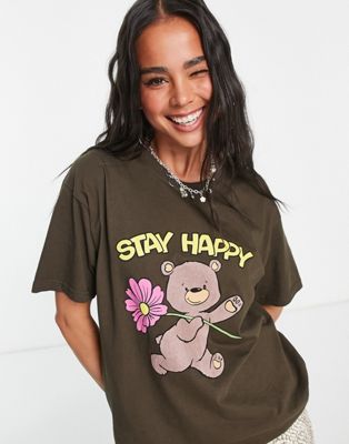 Heartbreak oversized t-shirt with bear graphic in chocolate brown