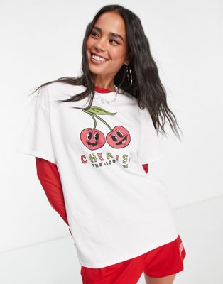 Heartbreak oversized t-shirt with cherries print in white
