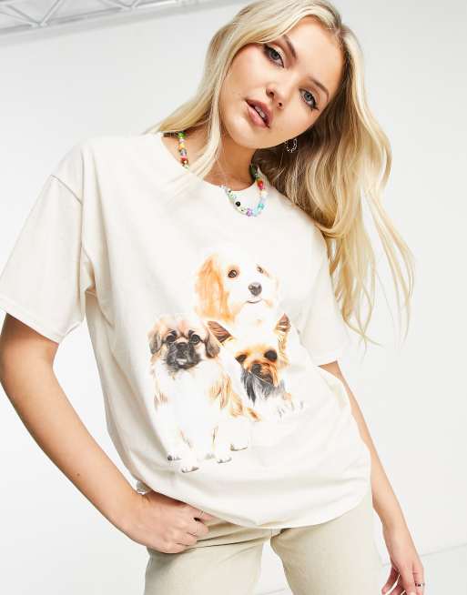 Heartbreak oversized t-shirt with dogs graphic in beige