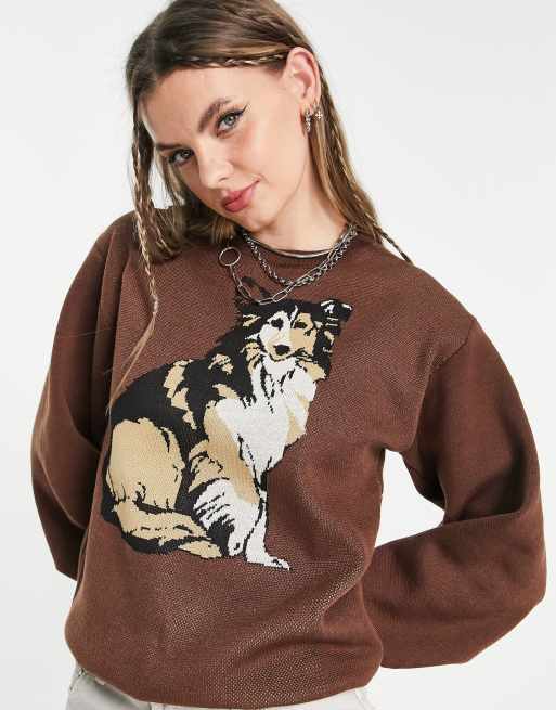 Heartbreak - Oversized trui met hondenprint in chocoladebruin