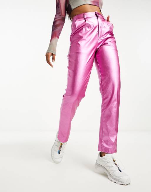Heartbreak - Pantaloni dritti in pelle sintetica metallizzata rosa