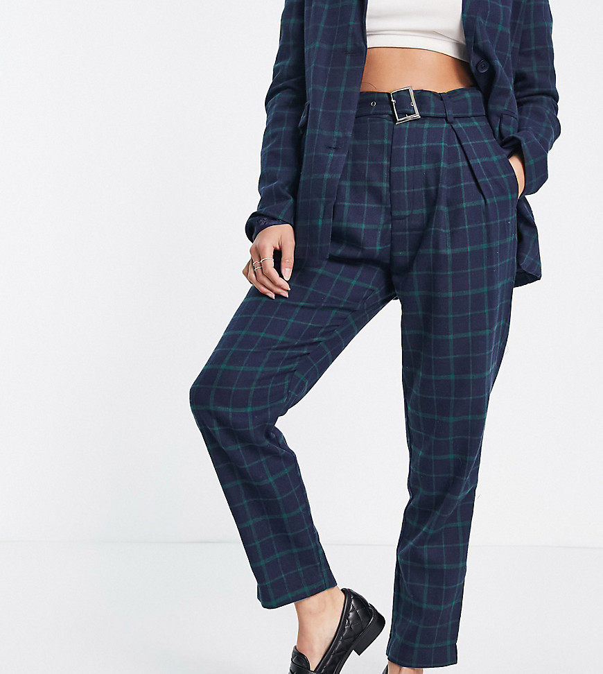 Heartbreak Petite belted tailored pants in navy and green check