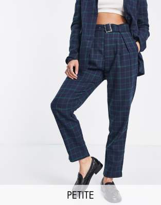 Heartbreak Petite Heartbreak Petite belted tailored trousers in navy and green check