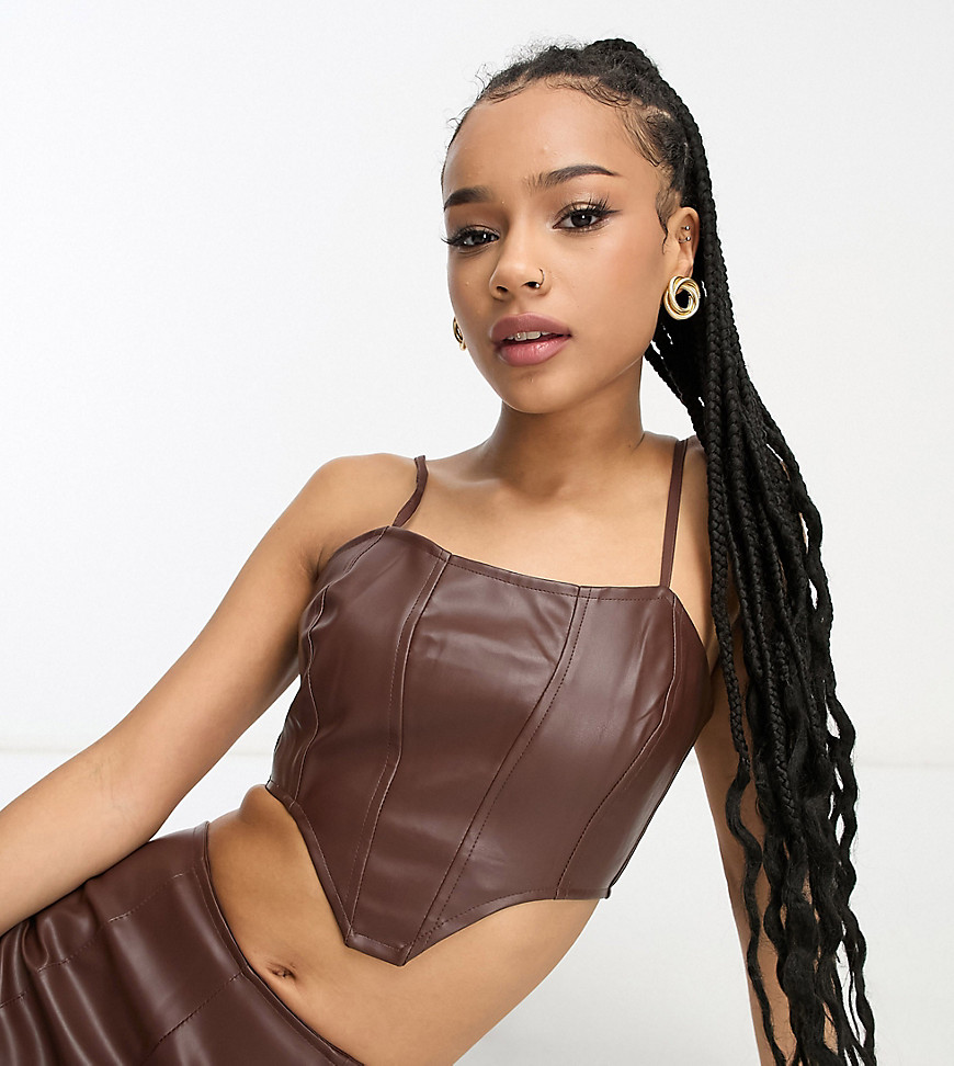 Heartbreak Petite faux leather corset top co-ord in chocolate brown