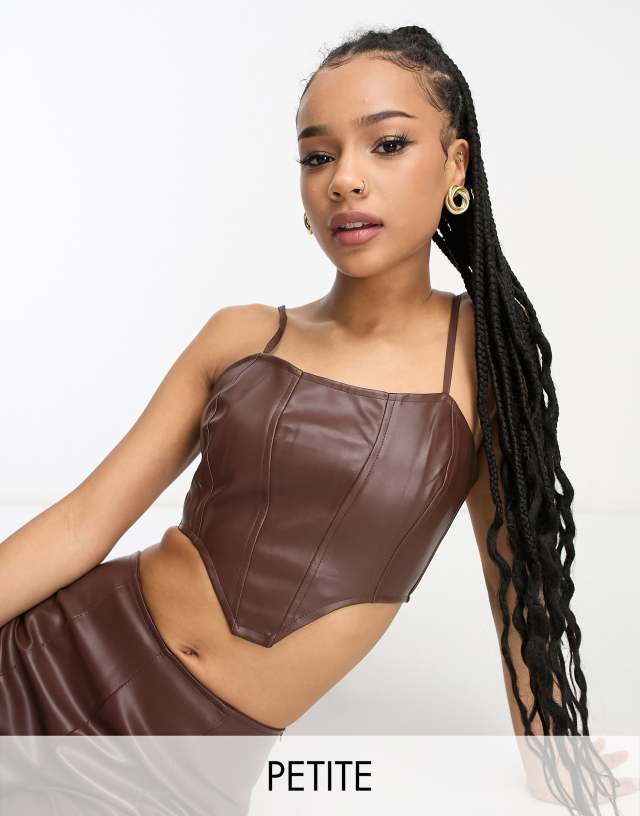 Heartbreak Petite faux leather corset top in chocolate brown - part of a set