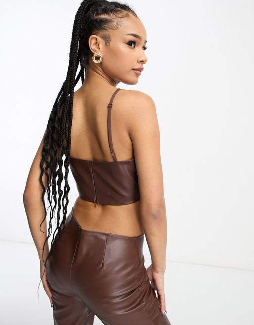 Brown Faux Leather Bralet, Tops