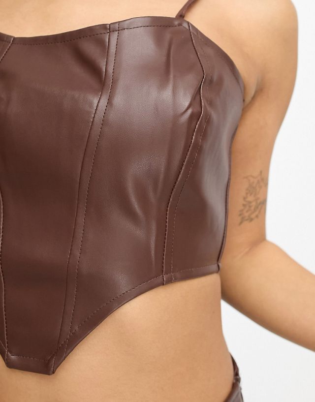 Heartbreak Petite faux leather corset top in chocolate brown - part of a set XV10872
