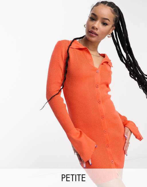 Heartbreak Petite ribbed button through mini dress in bright orange