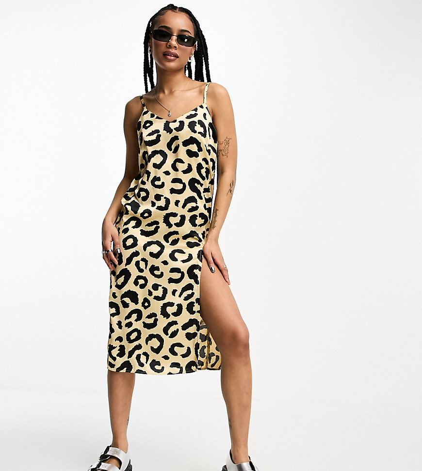 Heartbreak Petite satin cami midi dress with side split in leopard print-Brown