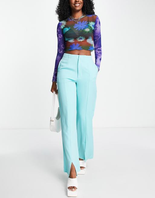 Heartbreak pin tuck wide leg pants with front split in cyan (part of a set)