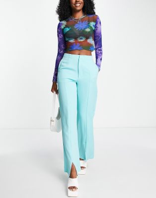 Heartbreak Heartbreak pin tuck wide leg trousers with front split co-ord in cyan-Blue
