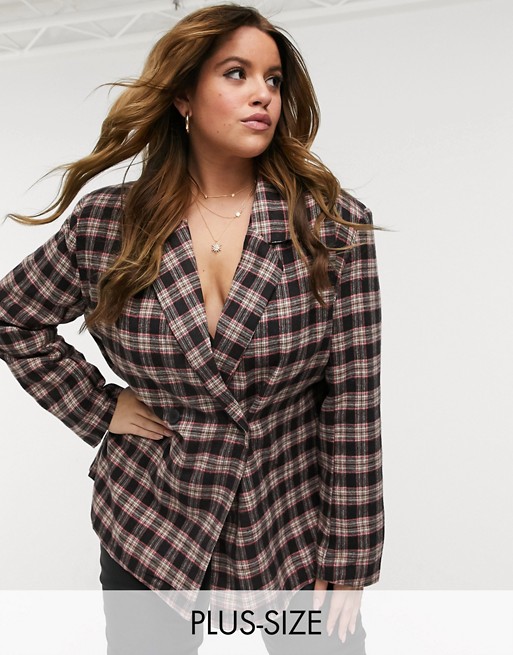 Heartbreak Plus double breasted blazer in brown and red check