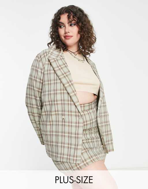 Heartbreak Plus - Geruite double breasted blazer in saliegroen, deel van co-ord set