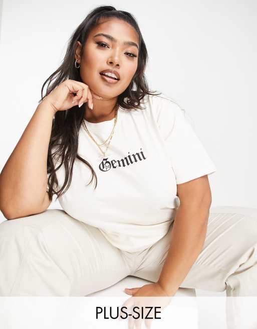 Heartbreak Plus – Oversize-T-Shirt in Beige mit „Gemini“-Sternzeichenprint