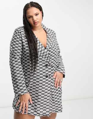 Heartbreak Plus oversized blazer dress in mono check-Black φωτογραφία