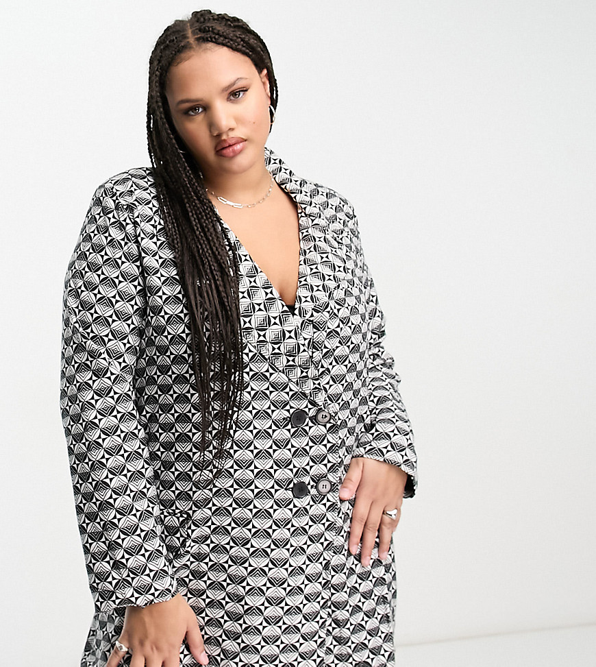 Heartbreak Plus oversized blazer dress in monochrome checkerboard-Black