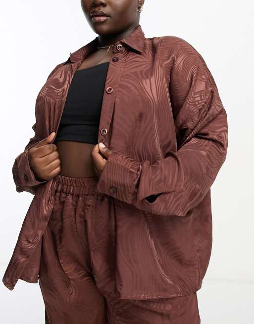 Heartbreak Plus oversized satin jacquard shirt in chocolate brown (part of a set)