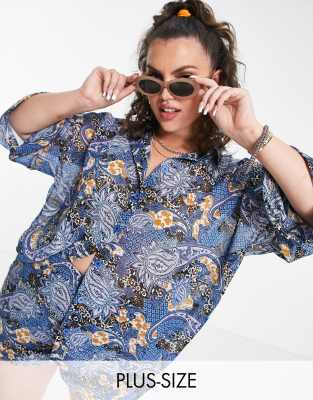 Heartbreak Plus Heartbreak Plus oversized satin shirt co-ord in scarf print-Black