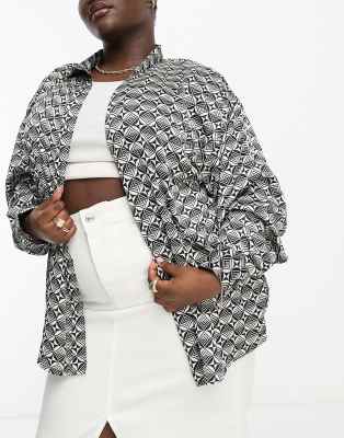 Heartbreak Plus oversized shirt in mono geo print - part of a set-Black