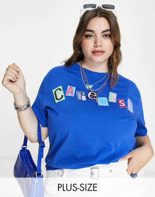 Heartbreak Plus - Oversized T-shirt met 'Careless'-print in felblauw