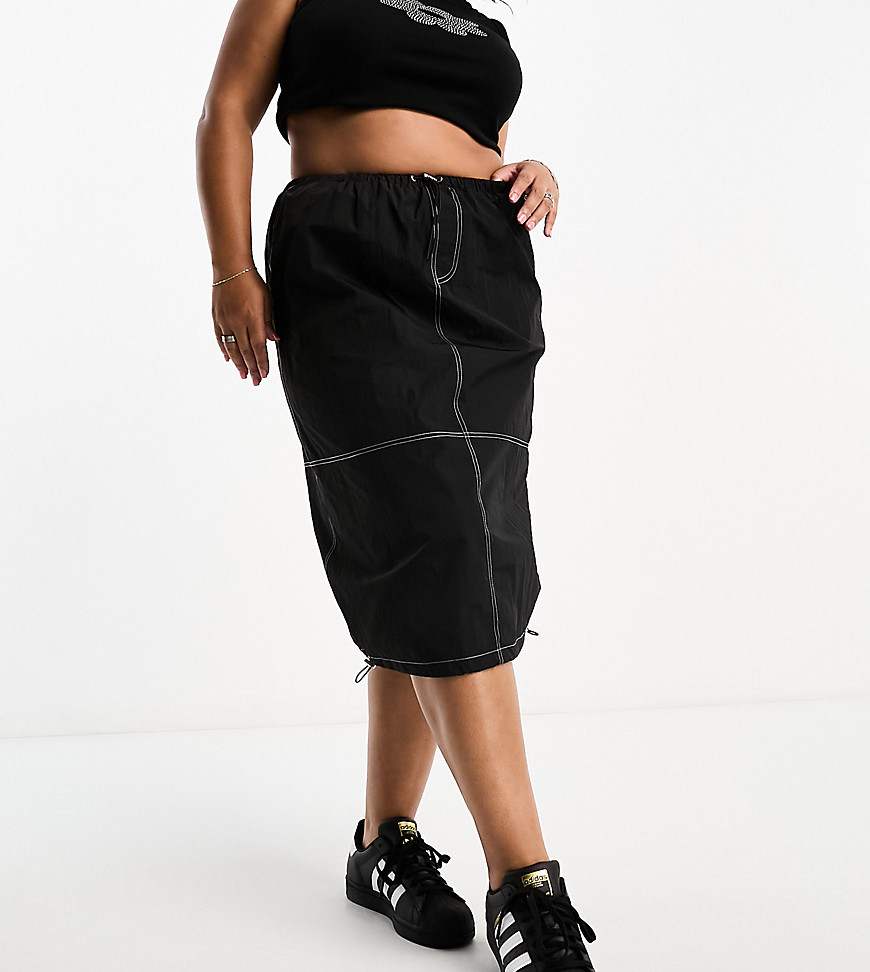 Heartbreak Plus parachute midi skirt with contrast stitch in black