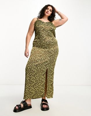 Heartbreak Plus satin cami maxi dress with side split in brown ditsy floral print