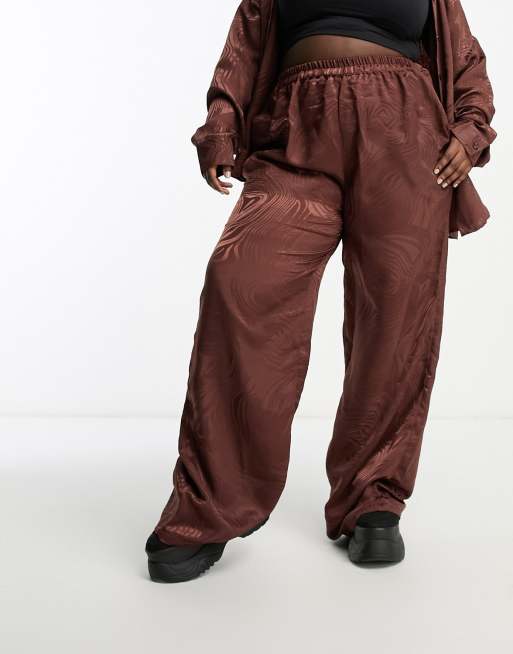 Chocolate Brown Satin High Waist Wide Leg Trousers