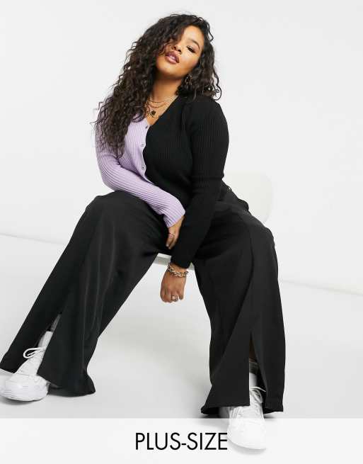 Plus Size Black Side Split Wide Leg Trousers