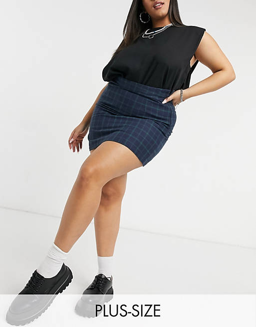 Heartbreak Plus tailored mini skirt in navy and green check