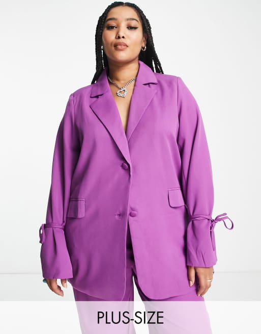 Heartbreak Plus tie cuff boyfriend blazer in purple part of a set