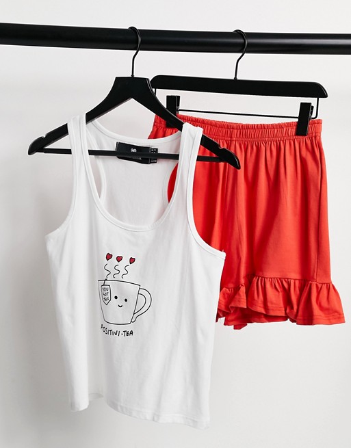 Heartbreak positivi-tea pyjama set vest and frilly shorts in white and red