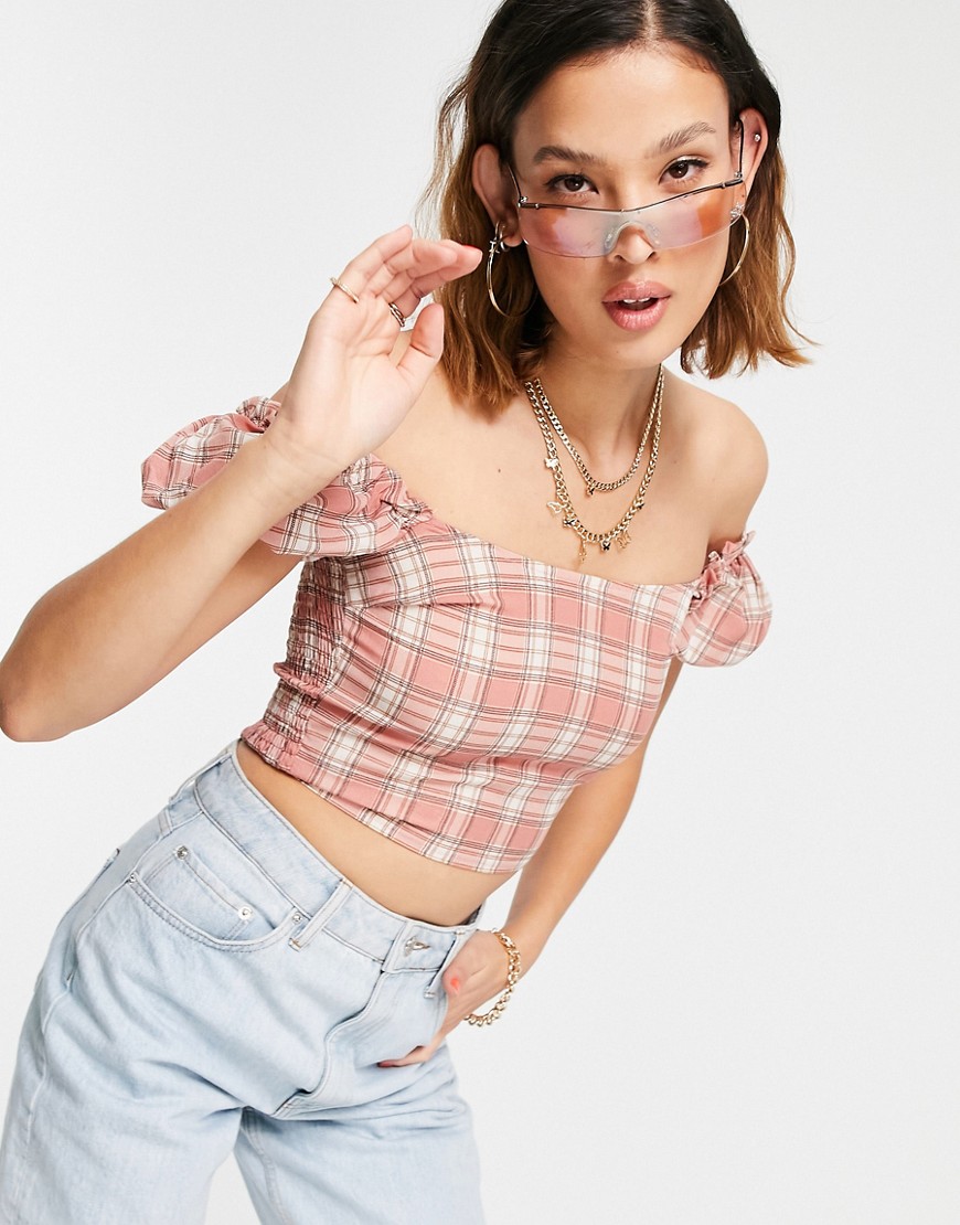 Heartbreak puff sleeve crop top in pink check - part of a set-Multi