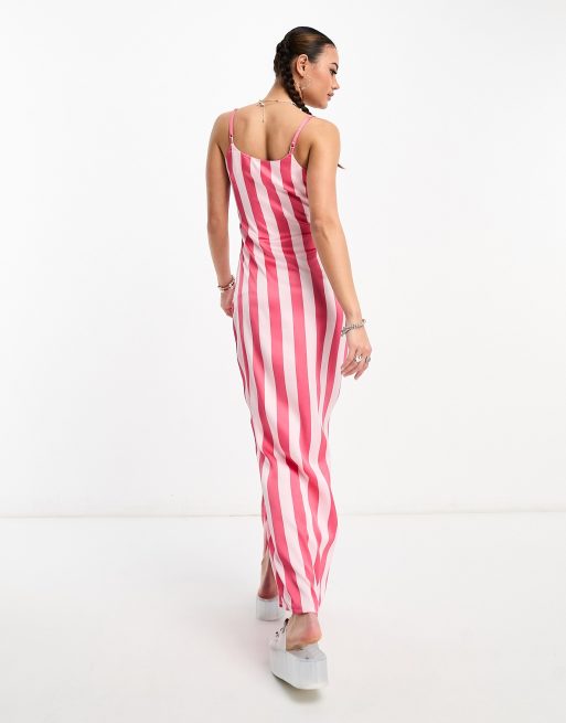 Heartbreak - Satijnen maxi cami-jurk met zijsplit en roze strepen, 2 van 4