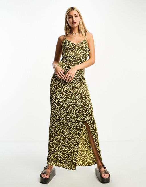 Heartbreak satin cami maxi dress with side slit in brown ditsy floral print