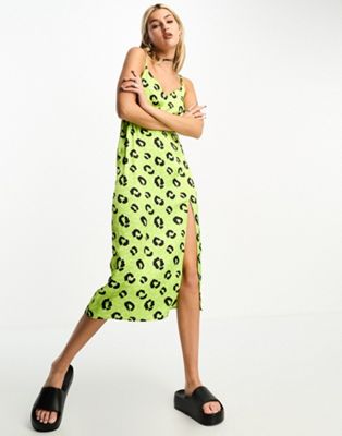 Heartbreak satin cami midi dress with side split in lime abstract leopard