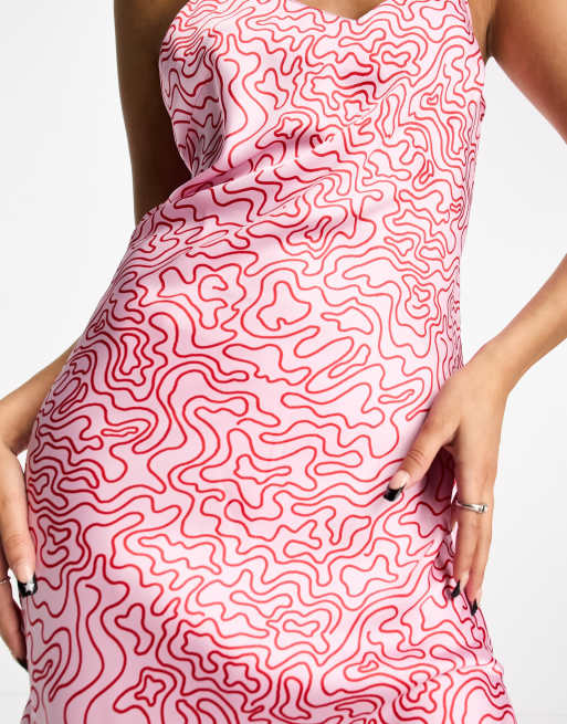 Heartbreak satin cami midi dress with side split in pink swirl