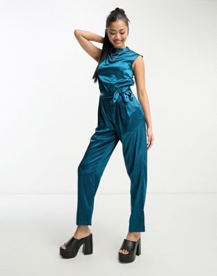 Heartbreak satin high neck ruched jumpsuit in teal