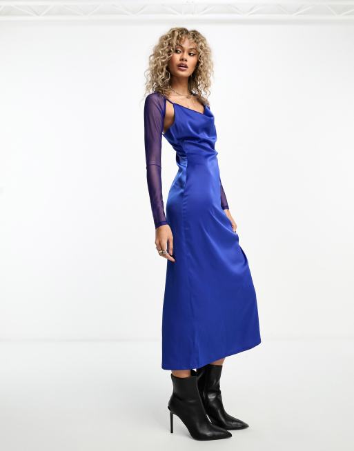 Heartbreak satin midaxi dress with mesh shrug in cobalt blue