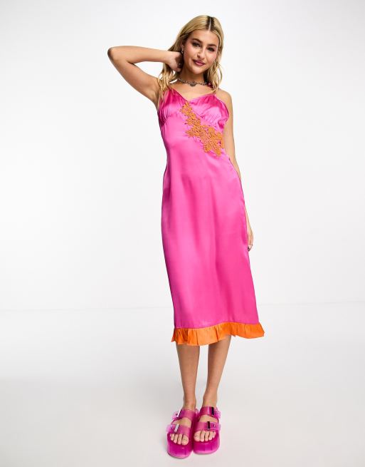 Heartbreak satin midi dress with lace contrast trim in pink