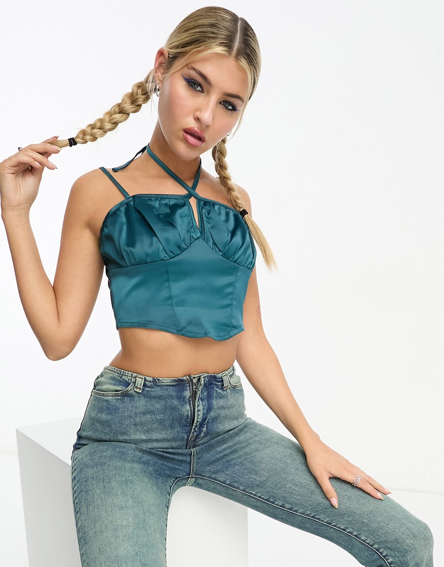 satin ruched crop top in blue