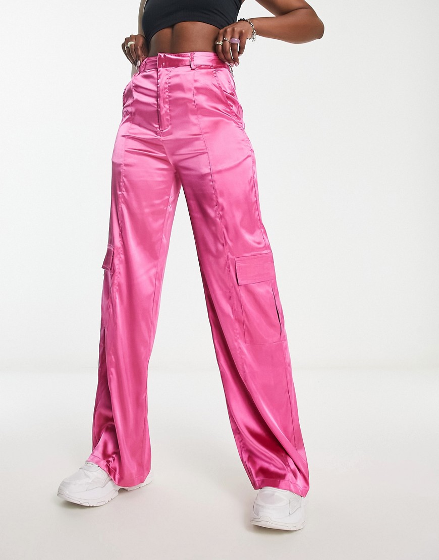 Heartbreak satin wide leg cargo trousers in pink