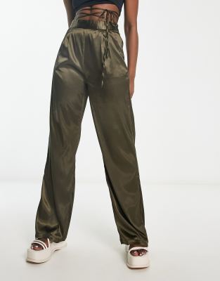 satin wrap around tie waist wide leg pants in khaki-Green