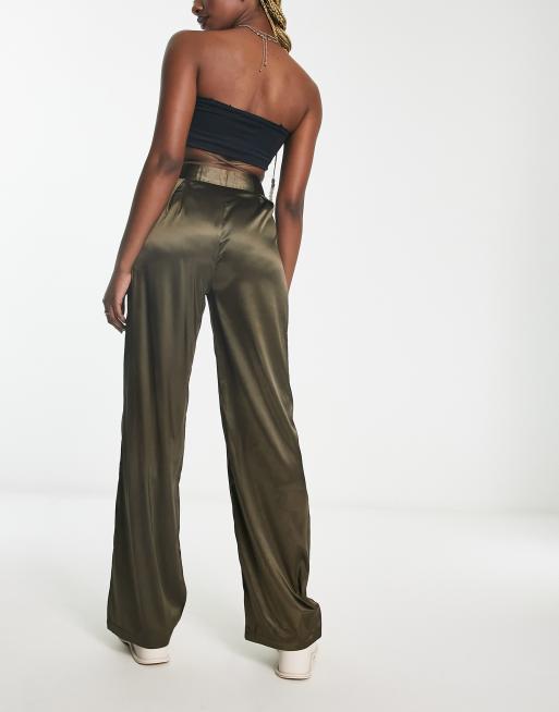 Heartbreak satin wrap around tie waist wide leg pants in khaki