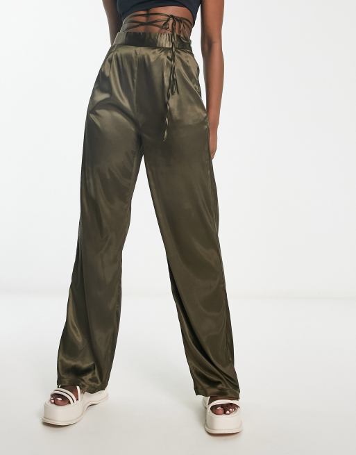 Heartbreak satin wrap around tie waist wide leg trousers in khaki | ASOS