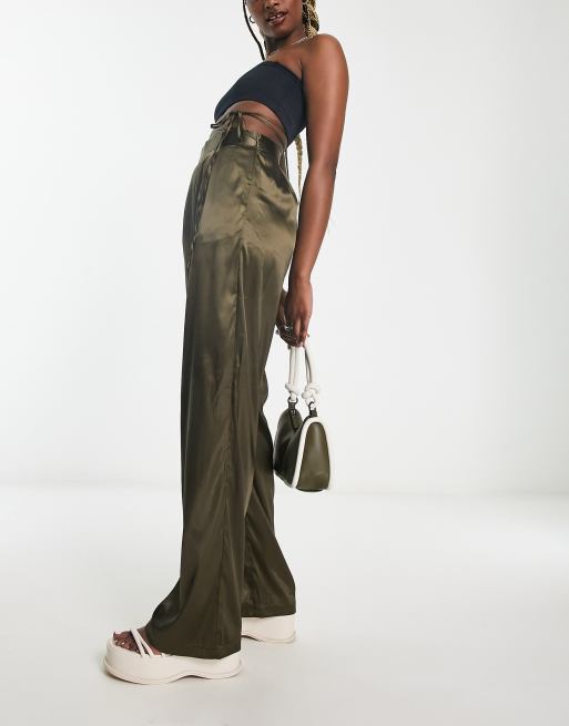 Heartbreak satin wrap around tie waist wide leg pants in khaki