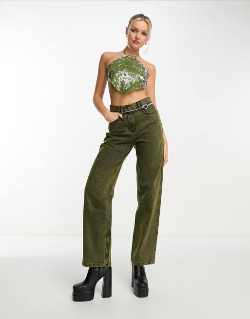 Heartbreak sequin halterneck crop top in khaki (part of a set), 3 of 4