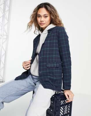 Heartbreak slouchy boyfriend blazer in navy and green check